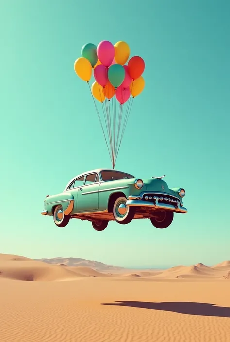  Paint a car standing upright in a desert. Balloons should be attached to the car 