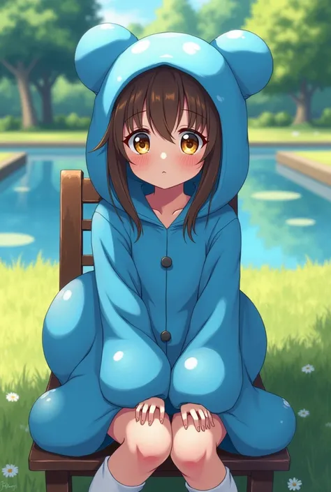 
Teen anime girl,  hair to the shoulders brown color ,  Yellow Eyes , blue muffin costume ,  sitting on a chair in the park looking at a lagoon 