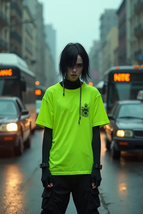 generate me a photo of an emo, wearing a neon green shirt and is stopping traffic