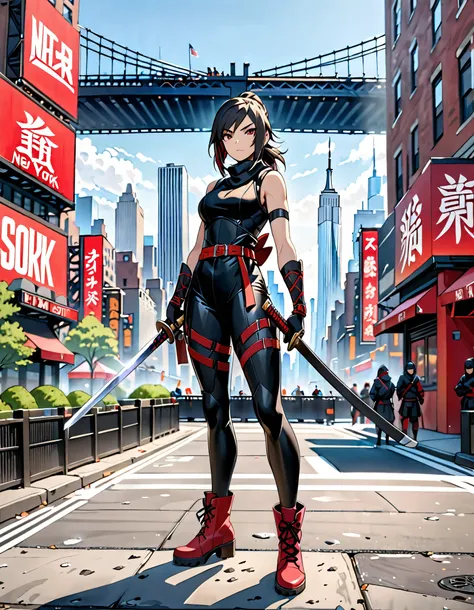 best quality, masterpiece, hires, 8k, solo, solo focus, highly detailed, 1female, female ninja assassin with katana sword, sleeveless, black bodysuit, red belt, matching gloves, matching ankle boots, standing straight, New York backdrop, daytime, outdoors,...