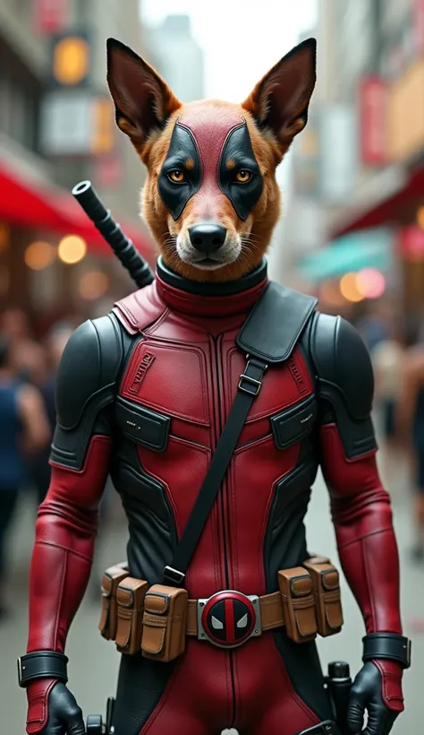 Dog with human body and Deadpool uniform, realistic image in a popular environment