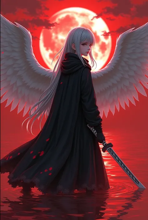 A young boy with a feminine face and long gray hair ,  dressed in a long black cloak and with large white wings with blood stains, standing in the middle of the scarlet ocean , holding a detailed katana with a long, thin curved blade and a white handle wit...