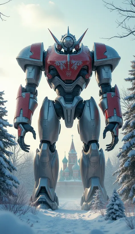 A massive silver and red mecha, bear-like head with intricate snowflake patterns, standing in a snowy forest with onion-domed cathedrals visible in the distance, highly detailed, 8k resolution, photorealistic, cinematic lighting, artstation, Greg Rutkowski