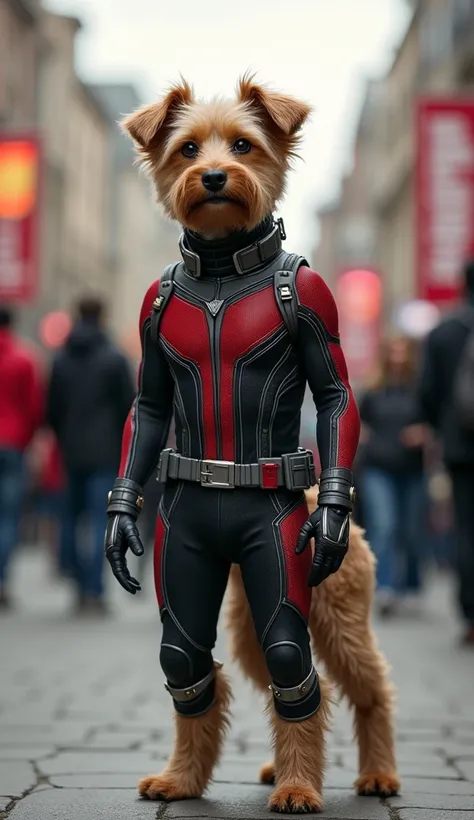 Dog with a human body and ant-man uniform, realistic image in a popular environment