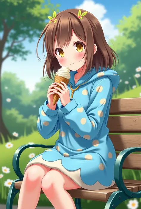 
Teen anime girl,  hair to the shoulders brown color ,  Yellow Eyes , blue muffin costume , Sitting in a park chair eating vanilla ice cream 