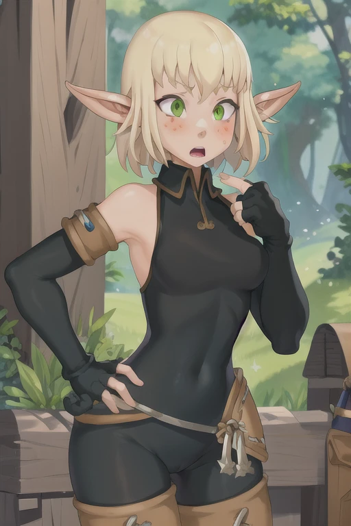 masterpiece, best quality, evangelyneold, 1girl, black gloves, blonde hair, blush, elf, fingerless gloves, gloves, green eyes, pointy ears, short hair, solo, wide-eyed, shocked, open mouth, outdoorsmasterpiece, best quality, evangelyneold, 1girl,  black gl...