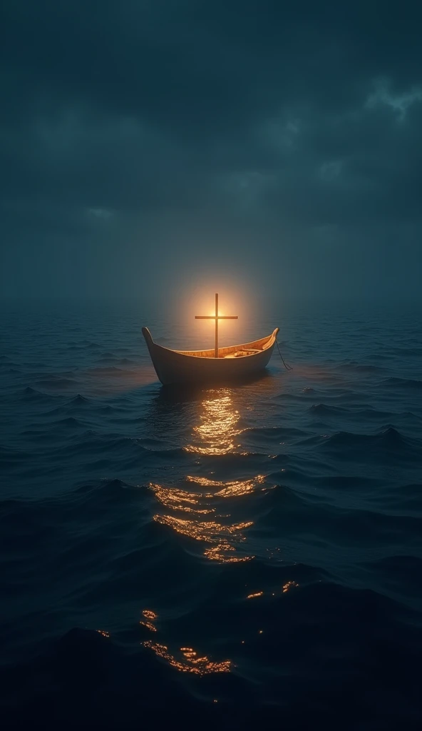  A small illuminated vessel in the middle of the sea, with a cross or a Bible in the center , symbolizing the presence of god.