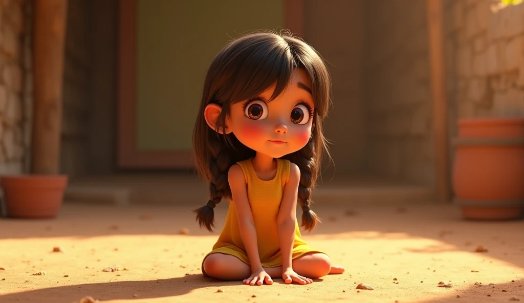 A  ,  straight brown hair , tied in two braids , bronze pele,  big brown eyes ,  dressed in a simple yellow dress, Barefoot sitting on the dirt floor, Pixar style