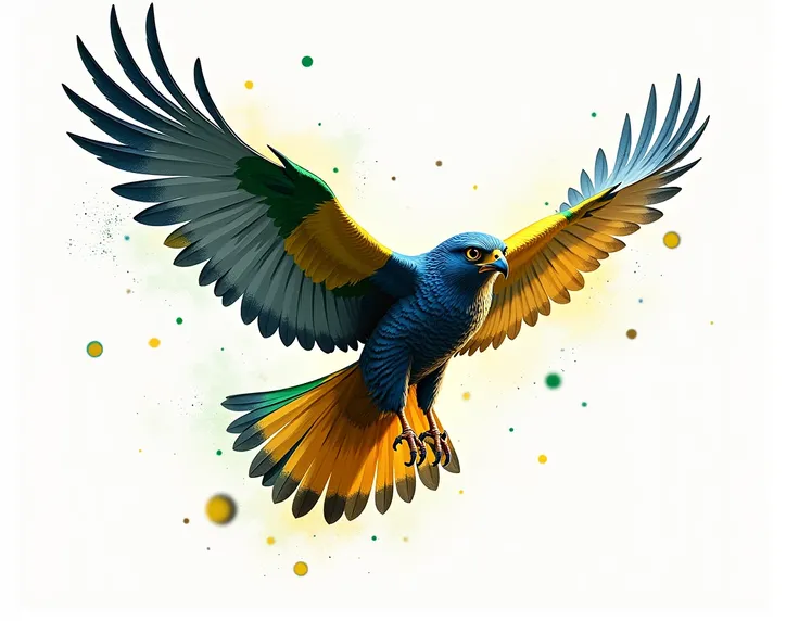 Artistic drawing of Falcon with open wings and colored paint with the Brazilian flag