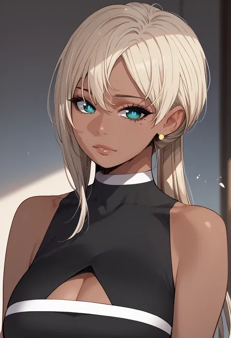 KarenOS blonde hair, long hair, ponytail, aqua eyes, earrings, dark skin, mole under eye KarenOutfit1, black dress, sleeveless, cleavage cutout
