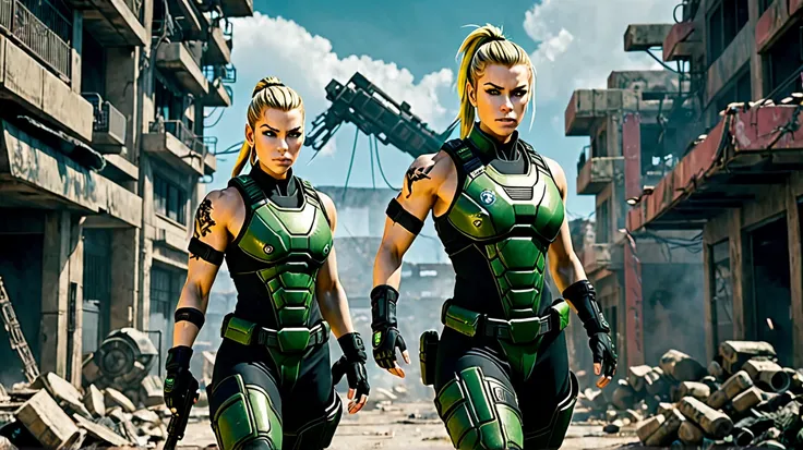 determined woman with blonde hair tied back in a sleek ponytail, dressed in a green and black tactical combat suit. She wears advanced military gloves and gear that emit faint blue energy. Her stance is poised for battle, exuding confidence and discipline....