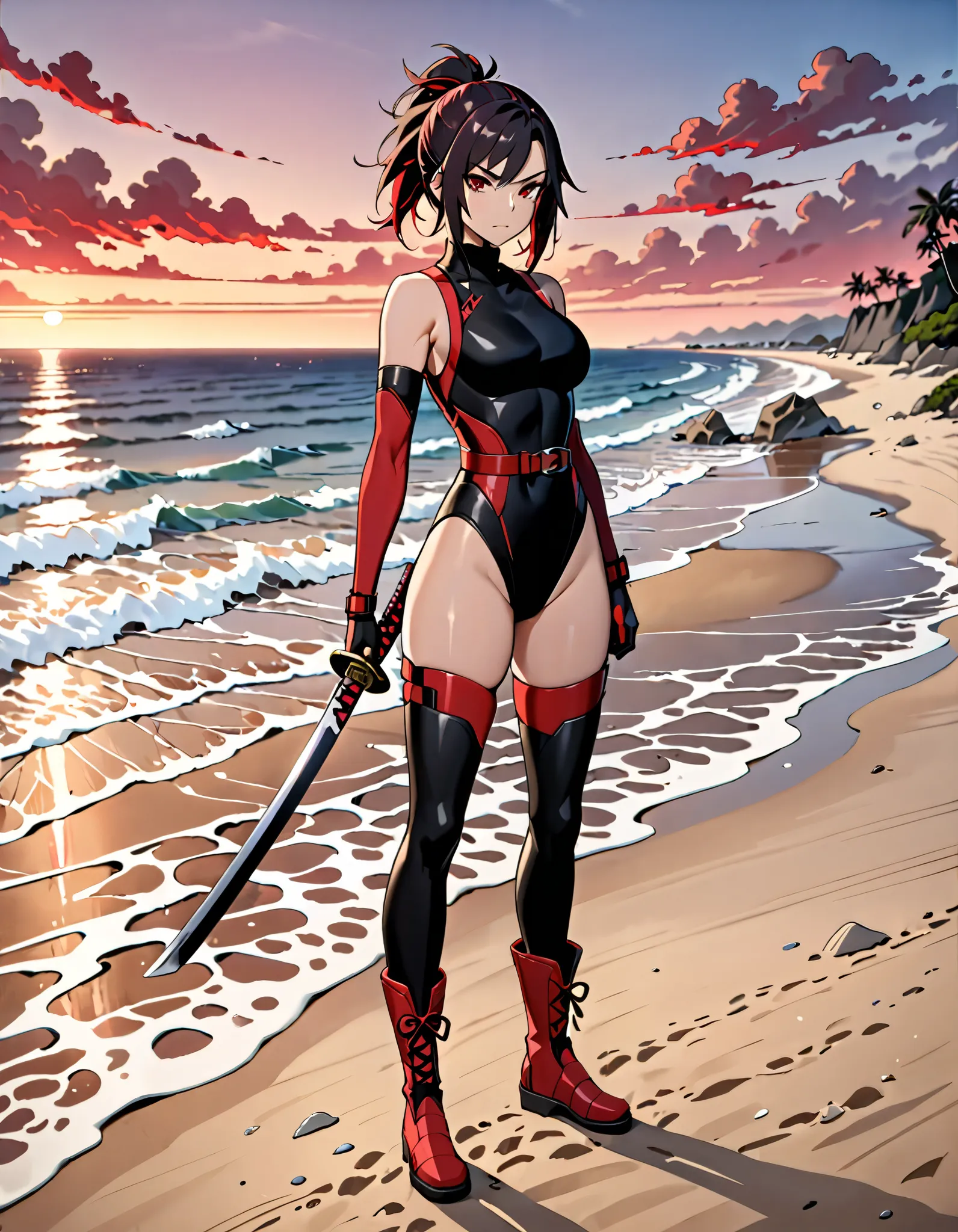 best quality, masterpiece, hires, 8k, solo, solo focus, 1female, female ninja assassin with highly detailed katana sword, sleeveless, black and red high-leg wetsuit, bare legs, red belt, matching gloves, matching thighhigh boots, standing straight, empty beach backdrop, dusk, outdoors, full body shot