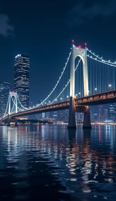 Night view、Spectacular views、 columns at a height of meters in Japan、From the water surface１５０A suspension bridge with 、 skyscrapers、Reflected on the surface of the water 