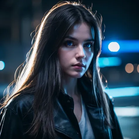 Close-up photography, beard,  , caucasian, Android, Gray girl ,  glowing blue LED eyes and loose black long hair , wearing a black coat with a white shirt , photorealistic,  Cinematic Lighting,  perfect body ,  Muscle Ties ,  cyberpunk heavy rain city back...