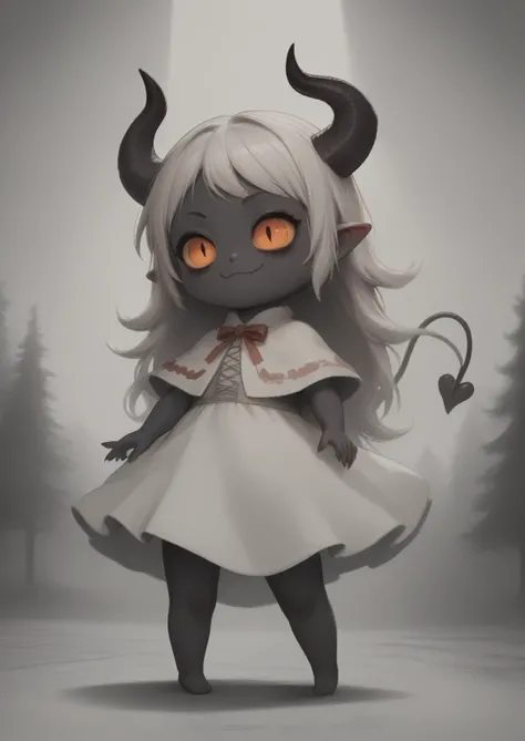 demon girl with black skin, three eyes and horns, wearing a poncho

Двойные хвосты, Украшение для волос, Острые уши, 