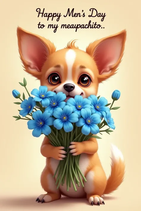 Create a chihuahua offering blue flowers, with text that says "Happy mens day to my mapachito  " in English