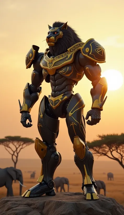 A majestic black and gold mecha, lion-inspired head with tribal patterns, standing on a rocky hill overlooking a savannah at sunrise, with elephants and acacia trees in the background, highly detailed, 8k resolution, photorealistic, cinematic lighting, art...