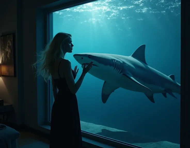 A beautiful woman, blonde and blue eyes, is standing facing one of the walls of the dimly lit living room of her apartment on the 33rd floor, she observes the glass wall that shows the bottom of the ocean. behind this wall a hammering shark watches the wom...