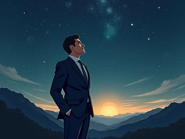 
Create a logo for me with a well-dressed man looking up at the stars