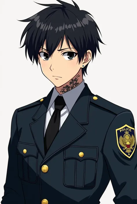 Young anime drawing , handsome,  short black hair,  black eyes ,  with police suit, serious look,  tattoo on the neck and arm.