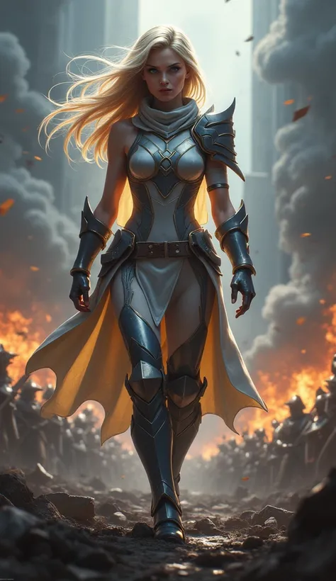 Create an image of the character Lux from League of Legends with a real human appearance walking through a battle scenario