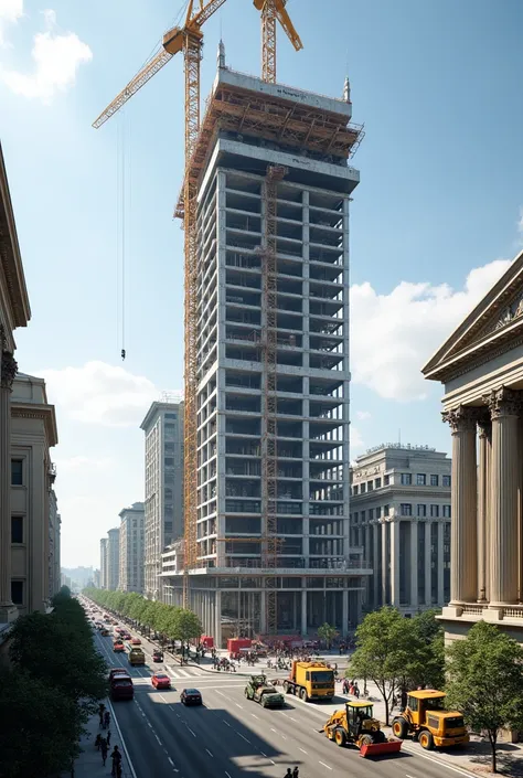 A dynamic construction site dominates the scene, with a partially built skyscraper showcasing a complex framework of steel and concrete, designed in a Washington, D.C.-inspired style featuring neoclassical touches like columns and elegant proportions. Towe...