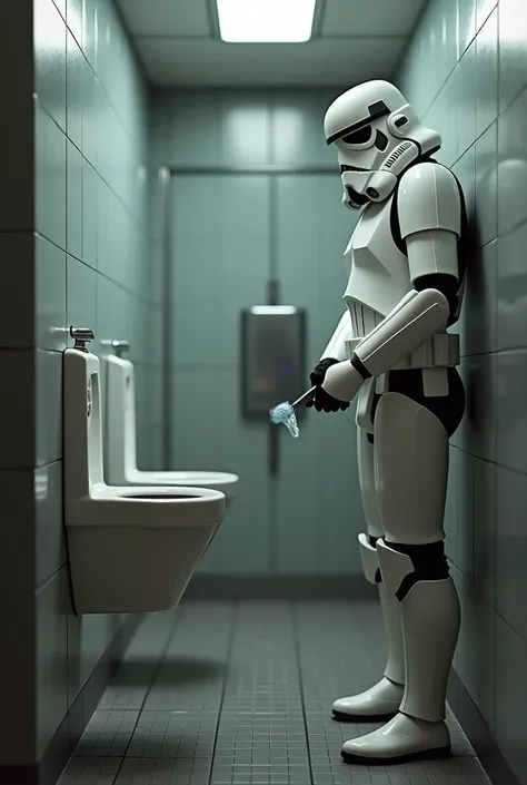 A Star Wars iconic Starship Trooper peeing in a urinal, with the jet clearly entering the urinal