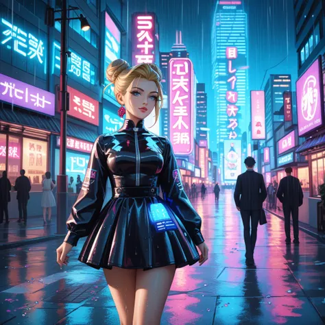 "A highly realistic nighttime cyberpunk cityscape inspired by the neon-lit streets of Tokyo, featuring towering apartment buildings with precise perspectives that emphasize depth and realism. The buildings are adorned with vibrant neon signs in colors like...