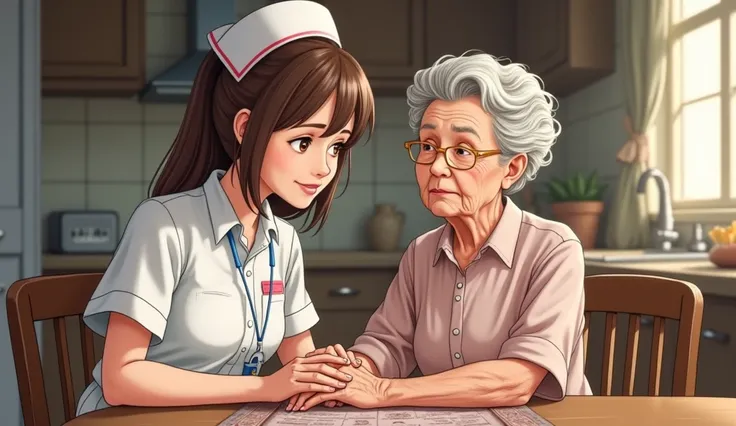 Imagine a beautiful woman with straight brown hair wearing a nurses outfit looking after an elderly woman sitting at a modest kitchen table.. Drawing Format