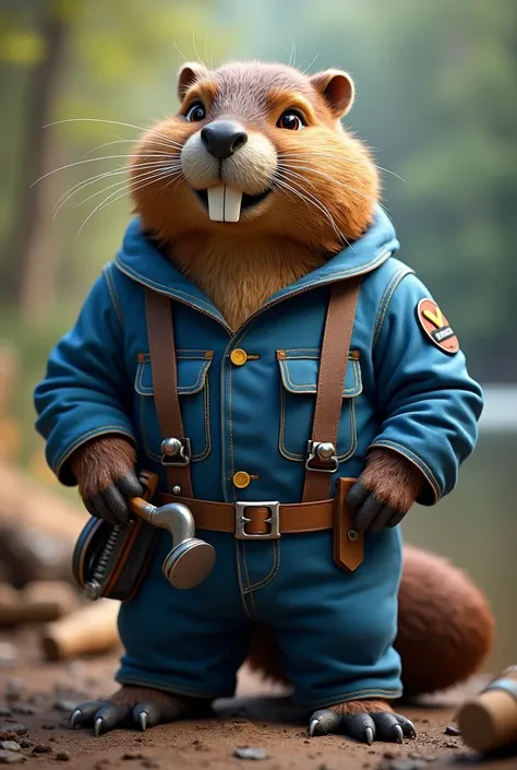 a beaver in blue uniform with tools