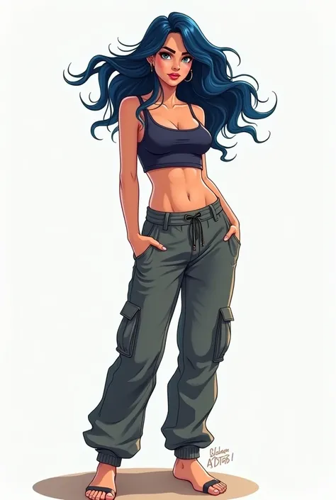  realistic drawing, Samdoesarts half body style of a beautiful woman in a cropped top and cargo pants with navy blue ombre hairstyle with a moving head and flying hair, Starts de tinta, Start, to escape, vaporware, flat shaded illustration, Digital Art,  o...