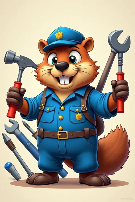 
a beaver in blue uniform with animated tools