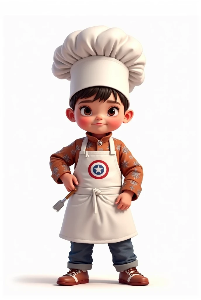 Make a drawing of a  inspired by Marvel only with chef clothes,  white background, I want him to be less smiling ,  I dont want an adult , I want a not so realistic four-year-old 