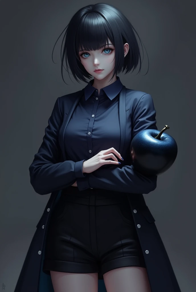  Make a  with black hair and blue eyes and pale skin, put a coat on it and a dark blue blouse over it , black shorts and an apple what on your arm ,In the color black and dark blue 