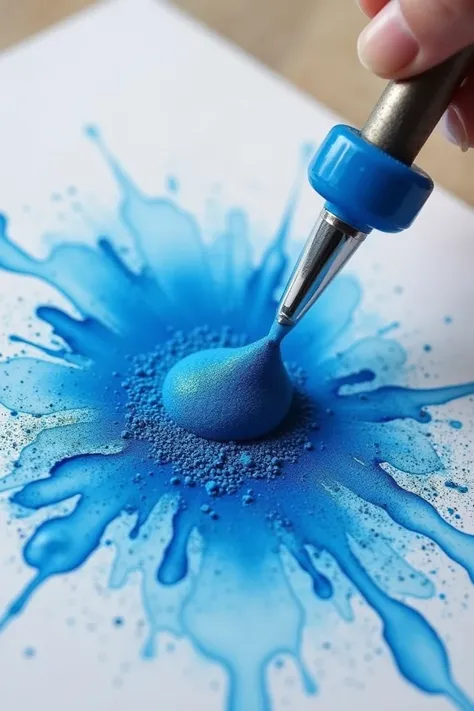 Create an oil painting of blue tablets sprinkled on a surface 