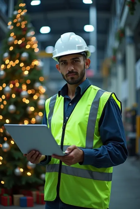  lyrics, 8K ultra HD,  A professional person in an industrial environment ,  wearing a white helmet and green reflective vest , holding a laptop .  The background shows modern industrial machinery with subtle Christmas decorations, like garlands,  small li...