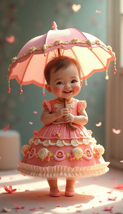 . "Ek cake design ki dress aur umbrella ke saath smiling baby ko spotlight mein rakhein."