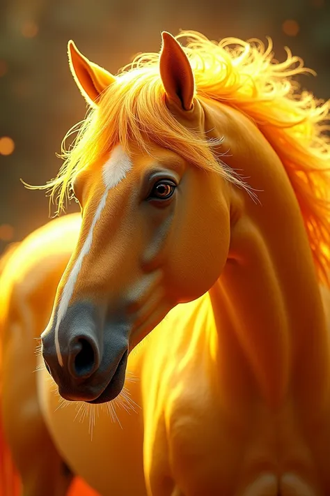 A realistic horse head that looks like its all gold, its fur is golden and shining, its mane is made of goldenrod grains, close-up, realistic details