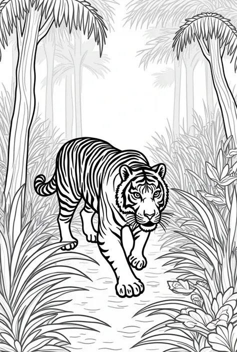  A tiger walking stealthily among the dense vegetation of the jungle .  The tiger has defined stripes along its body ,  with an alert expression as it makes its way between plants and large leaves .  The jungle is represented by tall trees , hanging vines ...