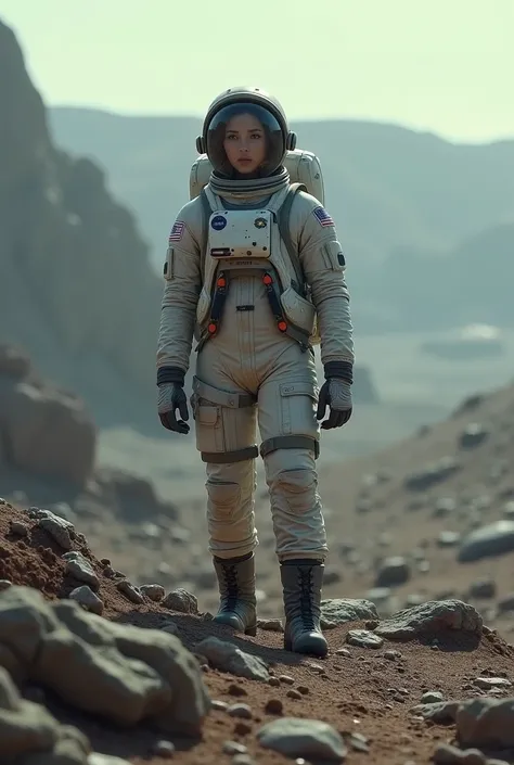  Astronaut observes inhospitable terrain with solemn expression, slightly crestfallen 