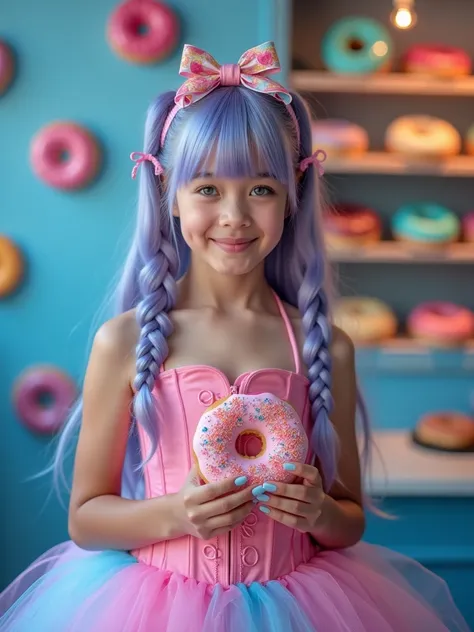 A photo of a 36-year-old girl with long, straight lilac and blue hair, styled with many braids. She has heart-shaped barrettes of different colors and designs in her hair. She has a big colorful bow on her head. She is wearing a pink tutu dress, the blouse...