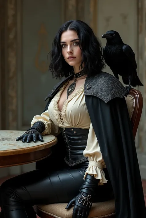 A woman work of art, impressive of a woman Khaleesi,  wearing period clothes and a Gothic photographic portrait ,,  silver lace , black gauntlets.  with wavy black hair , short hairstyle, Bob-style cut, hair divided into two,  period clothing style stark g...