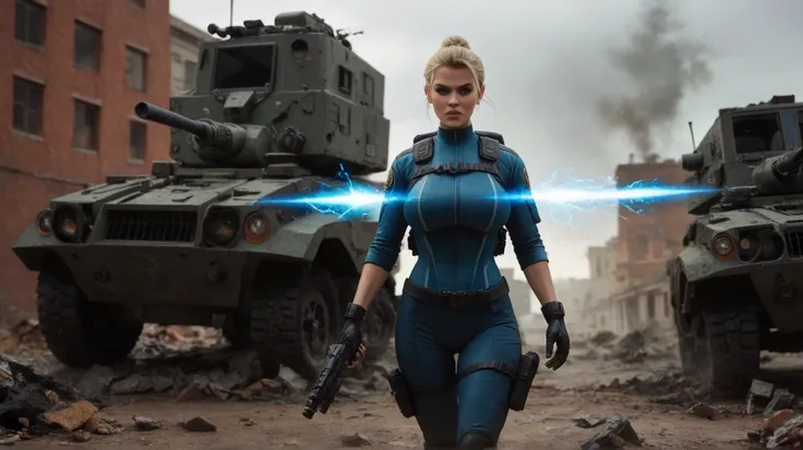 A fierce, determined woman with blonde hair tied back in a sleek ponytail, dressed in a green and black tactical combat suit. She wears advanced military gloves and gear that emit faint blue energy, Her stance is poised for battle, exuding confidence and d...