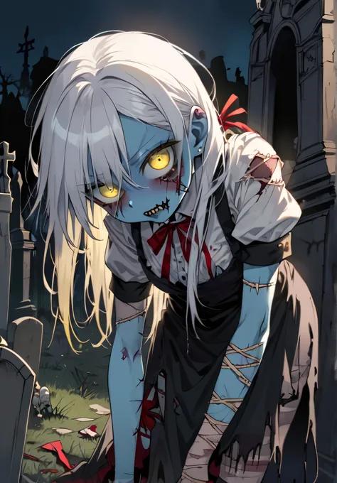 zombie girl, undead, light blue skin, body stitches, white hair, detailed yellow eyes, torn stockings, torn up clothes, red ribbons, standing next to a gravestone, bent over, cemetery, night time, beautiful movie quality lighting,