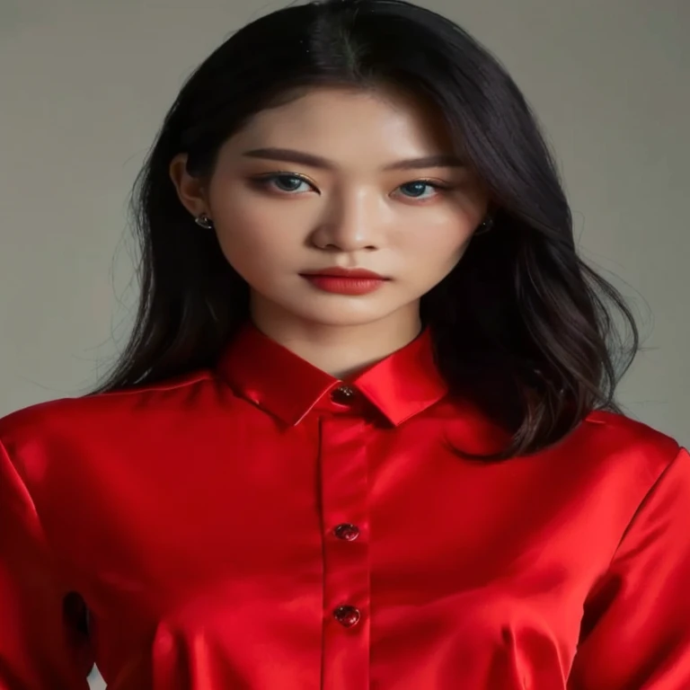 a close up of a woman wearing a  red shirt  and black pants, black and สีแดง silk clothing,  red elegant shirt ,  red shirt ,  wearing red  clothes, long cloths สีแดง like silk,  red clothes ,  wearing red  attire, wearing a สีแดง cheongsam, นางแบบจีนที่ ,...