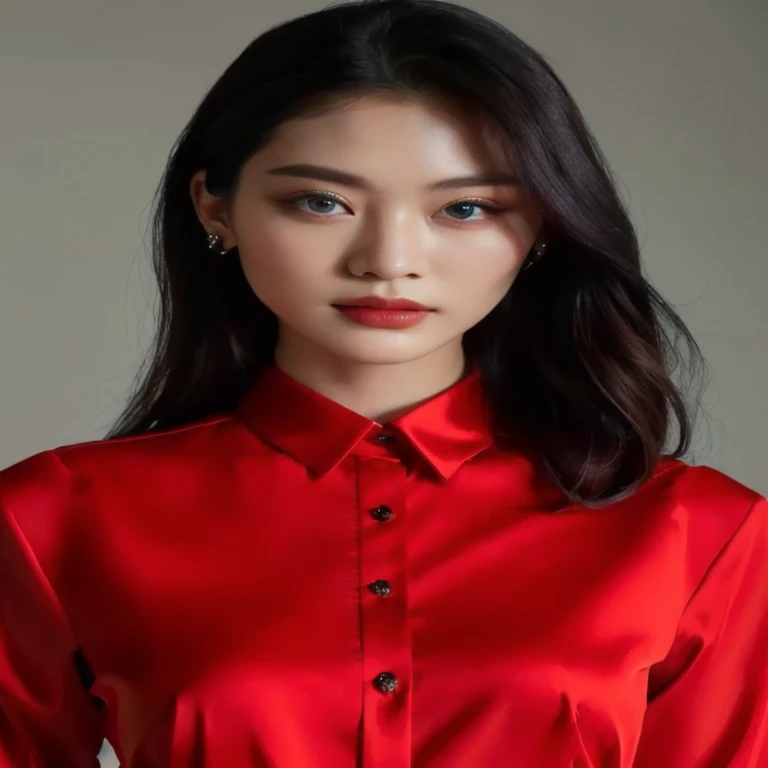 a close up of a woman wearing a  red shirt  and black pants, black and สีแดง silk clothing,  red elegant shirt ,  red shirt ,  wearing red  clothes, long cloths สีแดง like silk,  red clothes ,  wearing red  attire, wearing a สีแดง cheongsam, นางแบบจีนที่ ,...