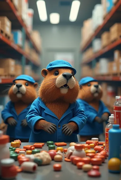 beavers in blue uniforms classifying products