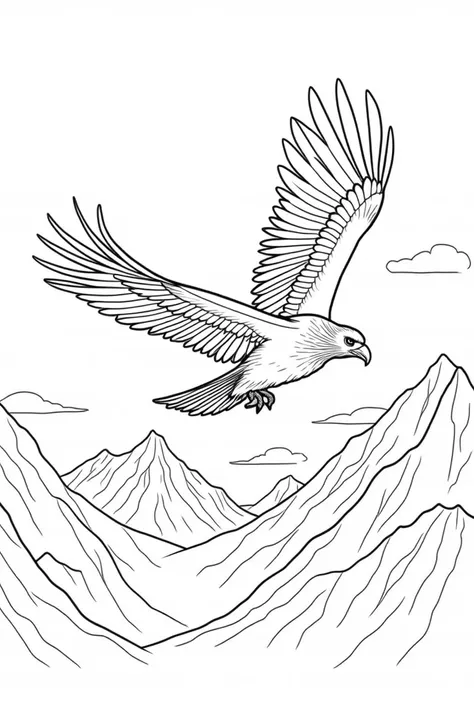  A majestic eagle flying high above a mountainous landscape ,  with its wings extended at full wingspan .  The eagle has a sharp beak and attentive eyes ,  with outlined feathers that highlight its powerful body .  The background shows mountains with snowy...