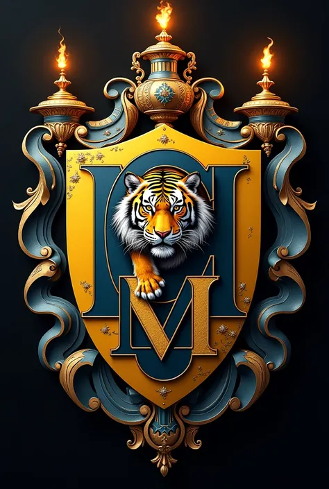 Create a shield with yellow and blue colors with the letters in the middle c , m,  on top of each other in an elegant way and hanging from those letters That a tiger appears in black and white..
. Around it, there are some trophies, utensils and a gastrono...