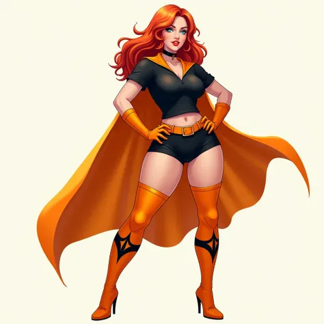 Woman with curvaceous body ,  orange miniskirt and black panties ,  black polo long sleeves are very close to the body,  orange gloves and boots with black design , copper hair,  orange cape like superhero .

full body character 